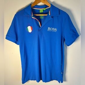 BOSS Hugo Boss Italy Polo Shirt Embroidered Team Flag Blue Mens L Modern Fit EUC